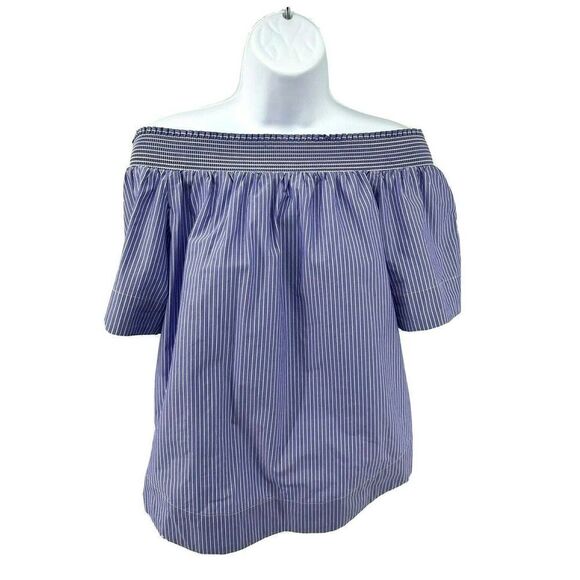 J.Crew Womens Off-The-Shoulder Top Shirt size 4 Blue White Pinstriped Shirring - Picture 2 of 11